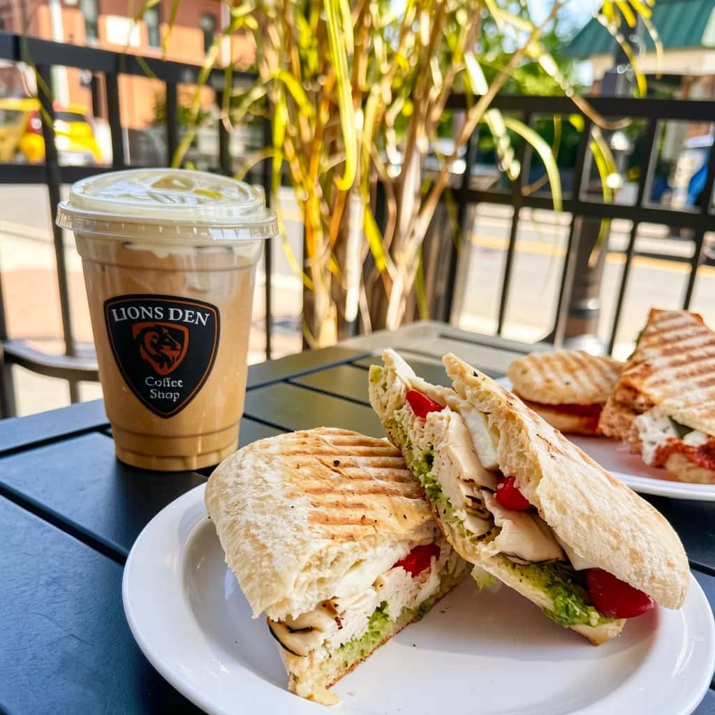 Grilled panini cut in half, showing chicken, pesto, red peppers and mozzarella, beside an iced coffee on the patio