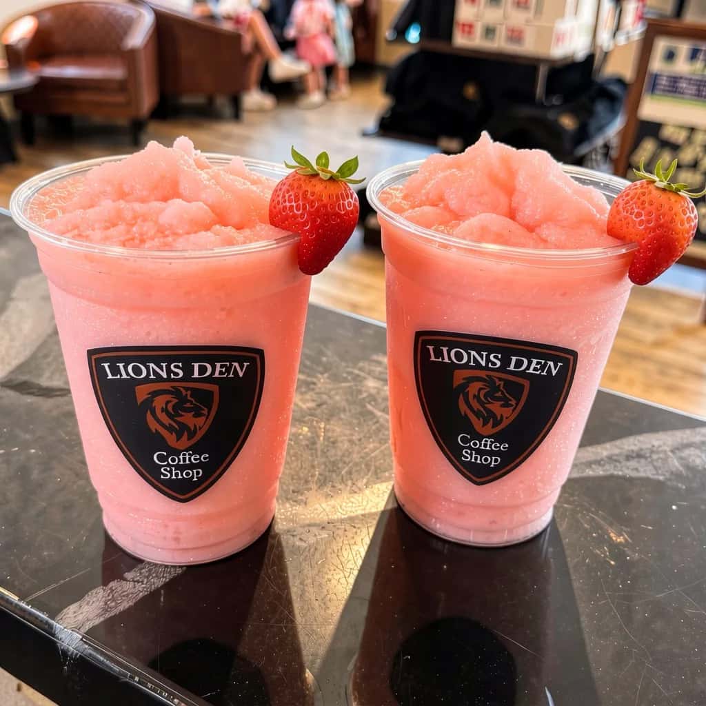 Two pink blended smoothies in Lions Den Coffee Shop cups, each garnished with a fresh strawberry