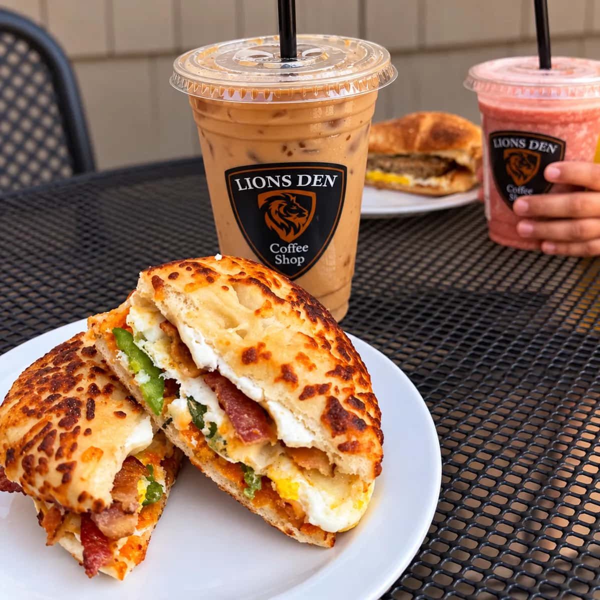 Toasted breakfast sandwich cut in half, showing egg, bacon, sliced jalapeños and melted cheese, with an iced coffee behind it