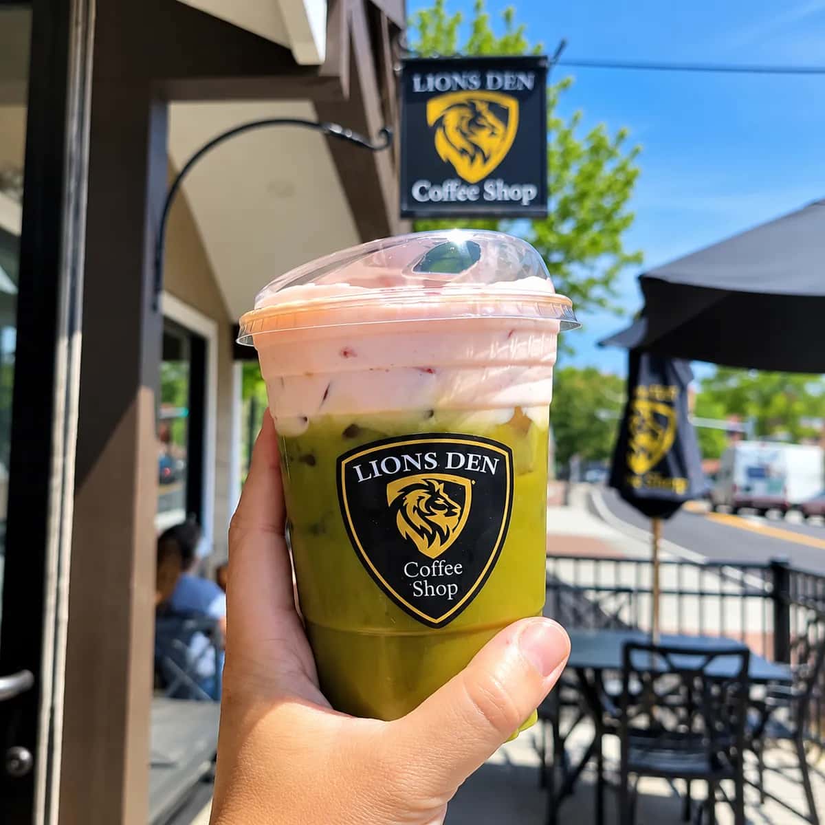 Iced matcha drink with pink foam held up outside the Lions Den storefront