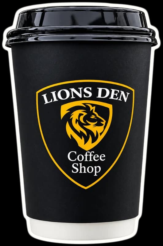 Black Lions Den Coffee Shop to-go cup with the gold lion shield logo