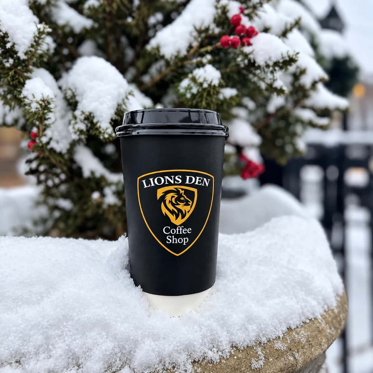 A Lions Den Coffee Shop hot cup resting in fresh snow beside a holly bush